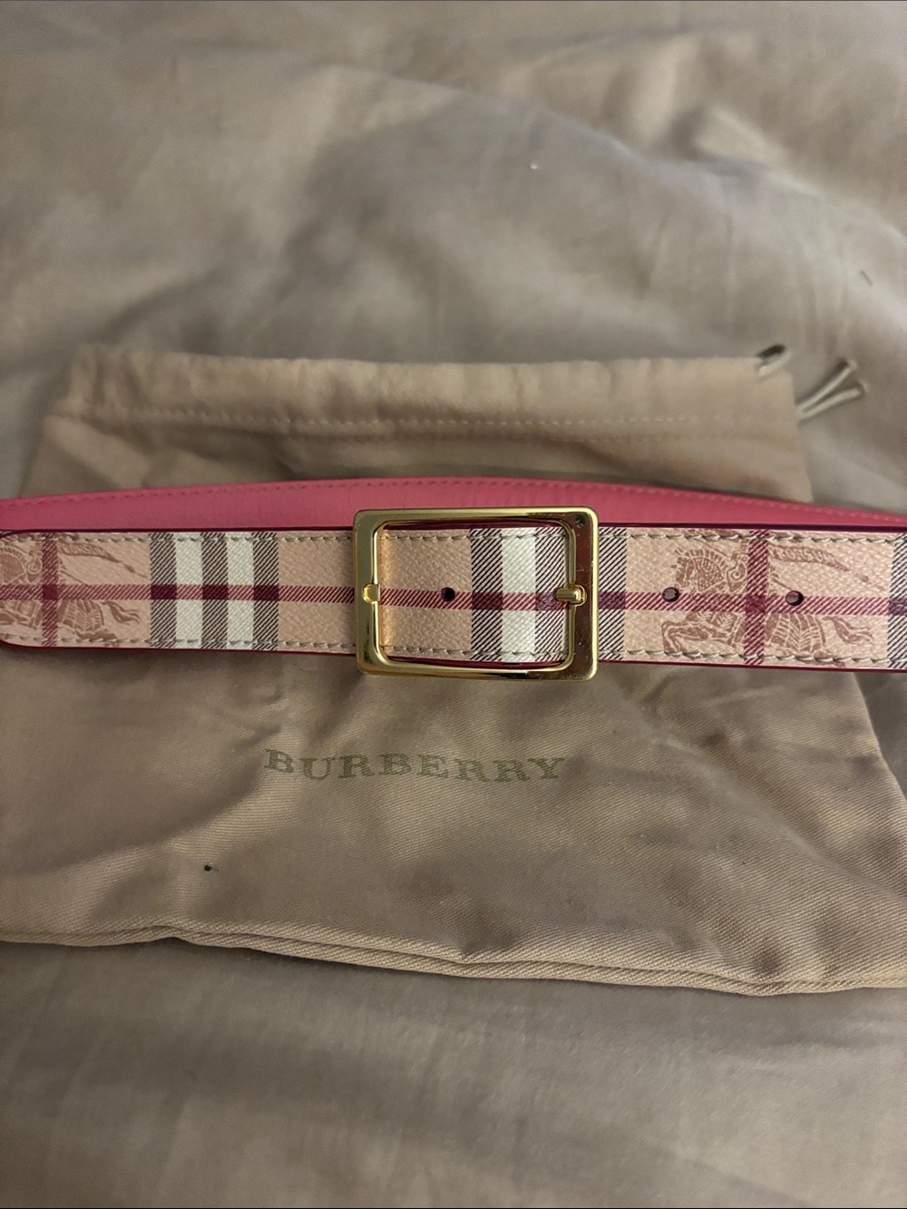 Burberry Pink and Beige Check Belt with Gold Buckle. Comes with pouch.